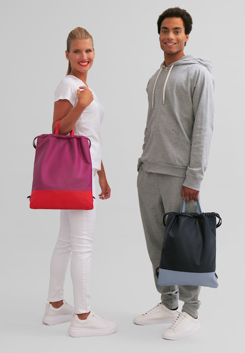Dudu -taske i Sacca i læder til mode sportspose taske med coulisse og tynde læder skulderstropper