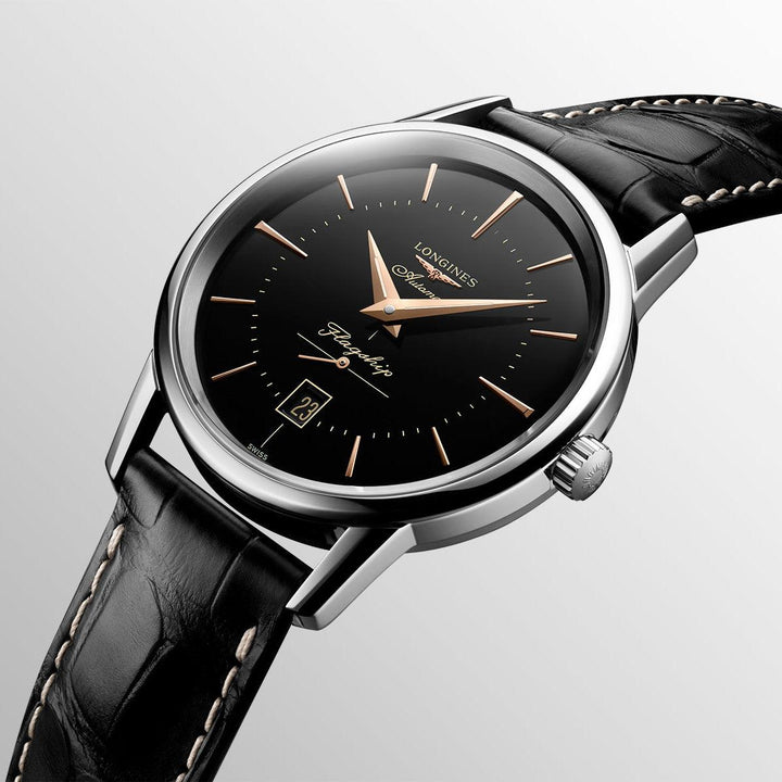 ساعة لونجين فلاجشيب هيريتاج 38.5 ملم فولاذ أسود أوتوماتيكي L4.795.4.58.0 - Gioielleria Capodagli