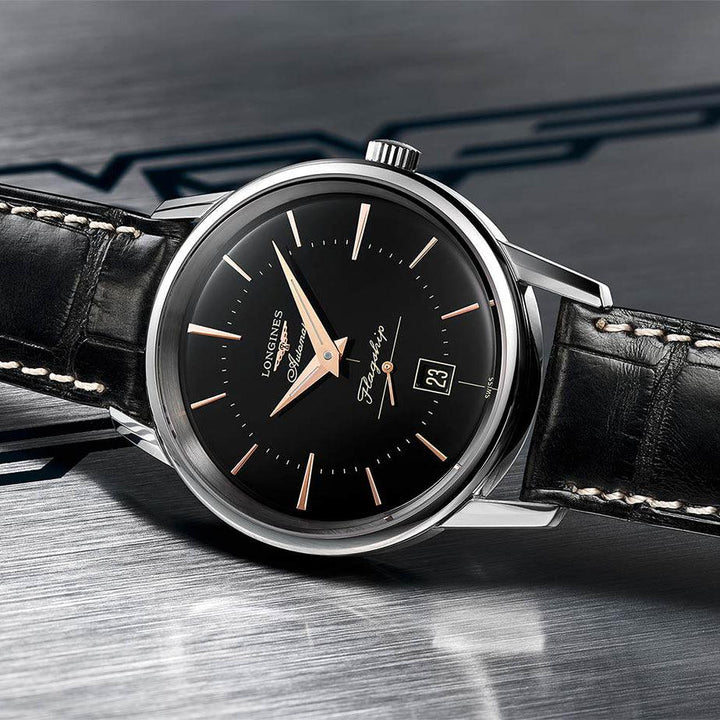 ساعة لونجين فلاجشيب هيريتاج 38.5 ملم فولاذ أسود أوتوماتيكي L4.795.4.58.0 - Gioielleria Capodagli