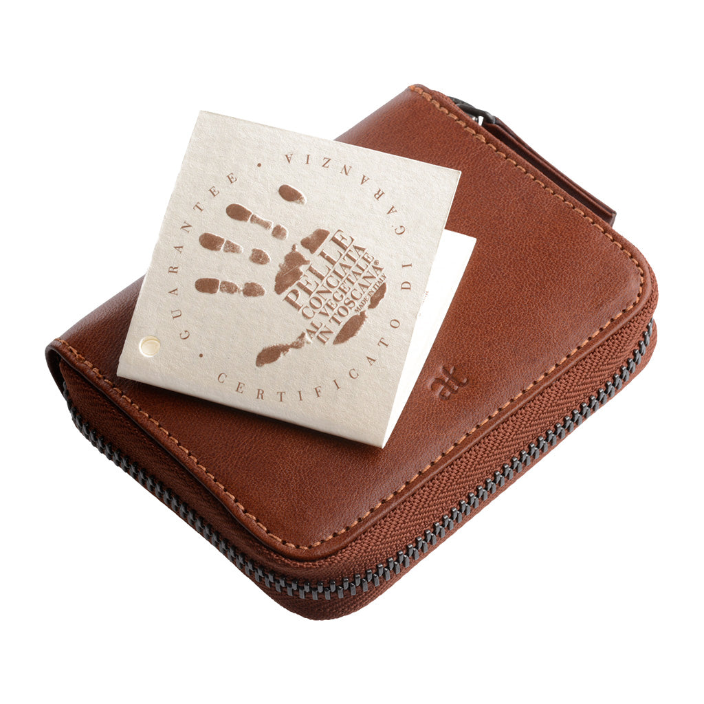 Antica Toscana kredittkortinnehaver med glidelås zip rundt ekte skinn og 11 tessere lommer