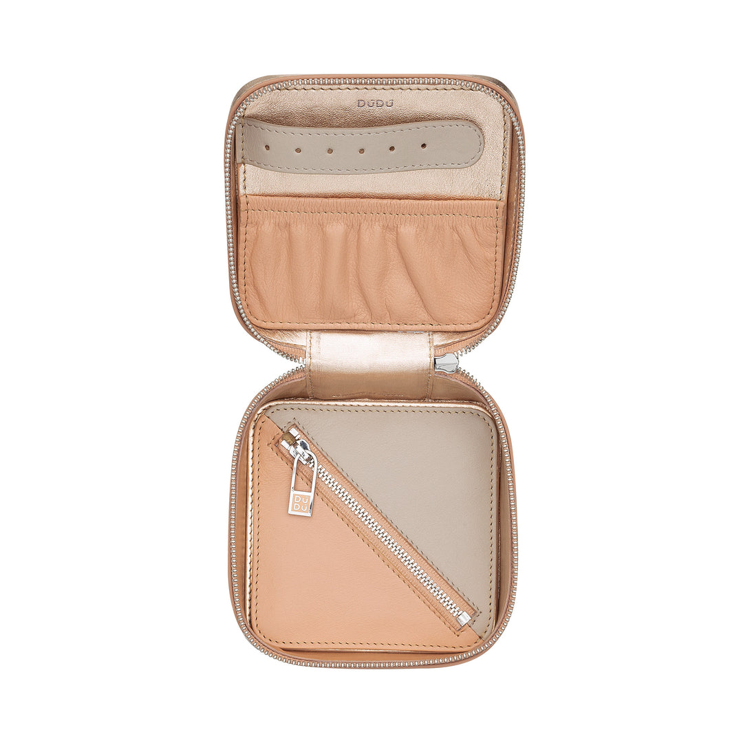 DuDu 小型正方形皮革旅行珠宝盒,紧凑型拉链手提包珠宝盒,用于耳环戒指