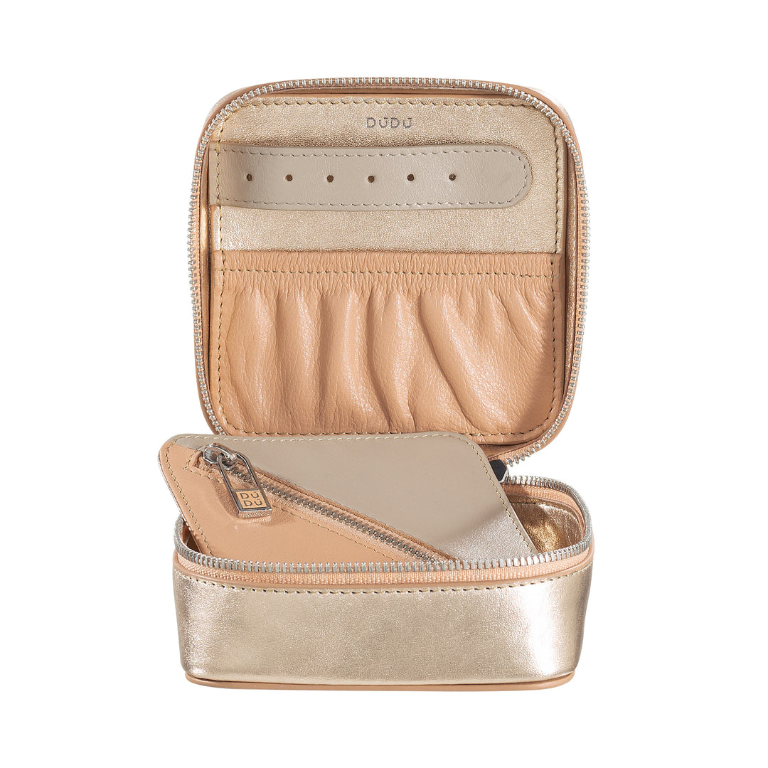 DuDu 小型正方形皮革旅行珠宝盒,紧凑型拉链手提包珠宝盒,用于耳环戒指