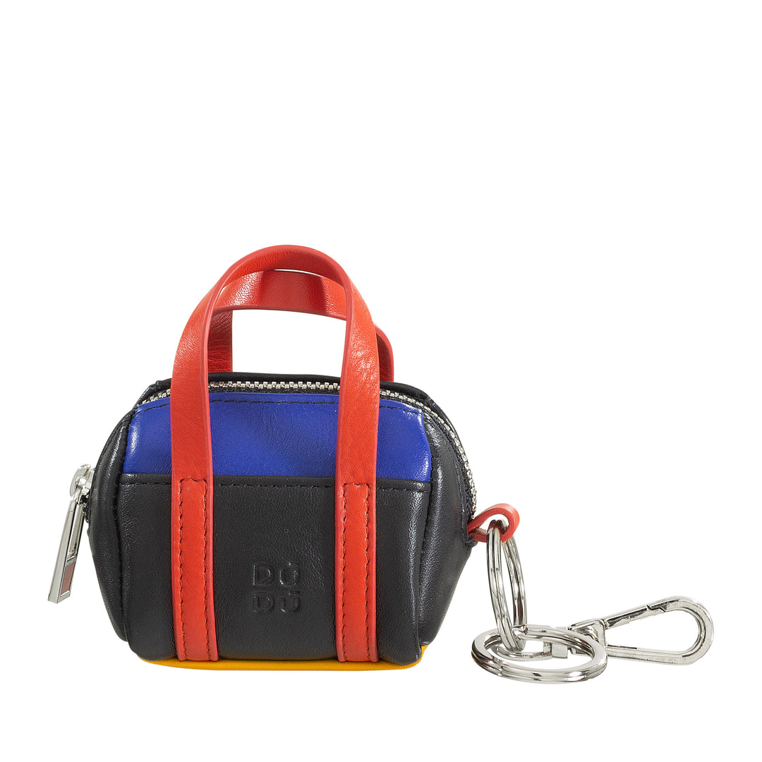 DUDU Keychain Colored Leather Bag Mini Bag with Zip 2 Ring and Carabiner