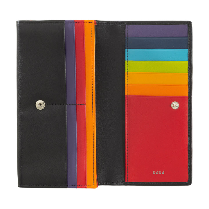 DuDu Carteira de couro RFID Design colorido longo com porta-moedas Zip 18 Cartões e fecho de botão