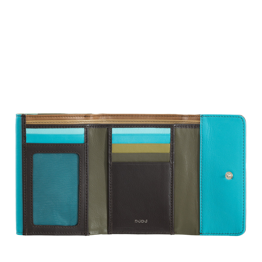 DuDu محفظة نسائية ملونة RFID جلد ناعم مع رفرف مزدوج وسحاب