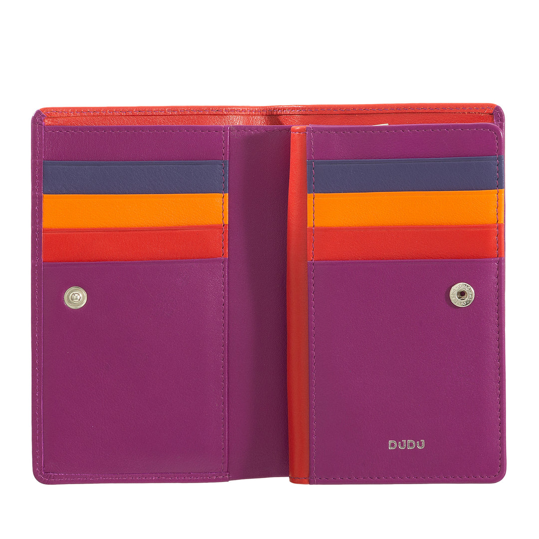 DuDu Carteira de couro multicolorido RFID para mulheres com porta-moedas com dobradiças, bolsos de porta-cartões e cartões