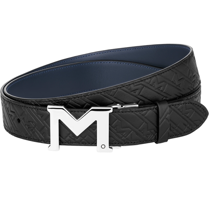 Montblanc 35mm bälte med spänne i svart/reversibelt blå läder justerbar storlek 128787
