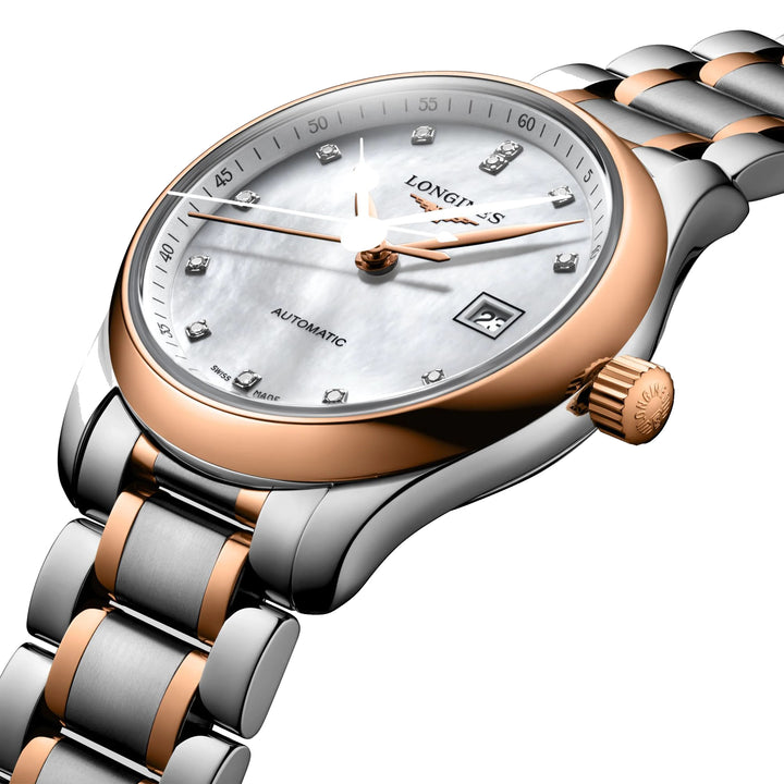ساعة لونجين ماستر كوليكشن 29 ملم اللؤلؤ الماس التلقائي الفولاذ الذهب الوردي L2.257.5.89.7