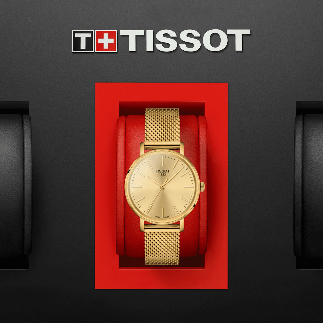 Tissot घड़ी हर समय छोटे 30 मिमी शैंपेन क्वार्ट्ज स्टील PVD पीला सोना T143.210.33.021.00 समाप्त