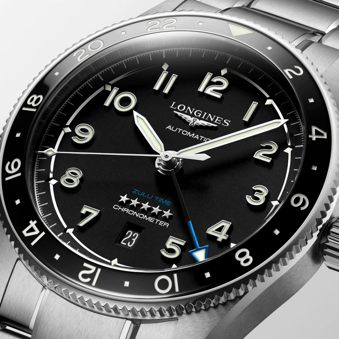 Relógio Longines Spirit Zulu Time 42mm preto automático de aço L3.812.4.53.6