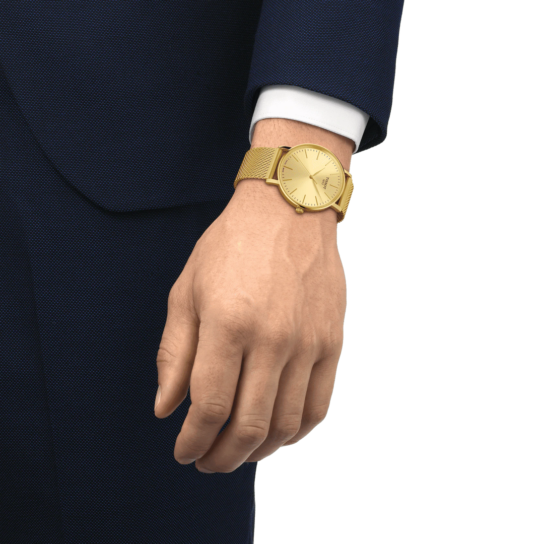 天梭腕表每时绅士40毫米香槟石英钢PVD完成黄金T143.410.33.021.00