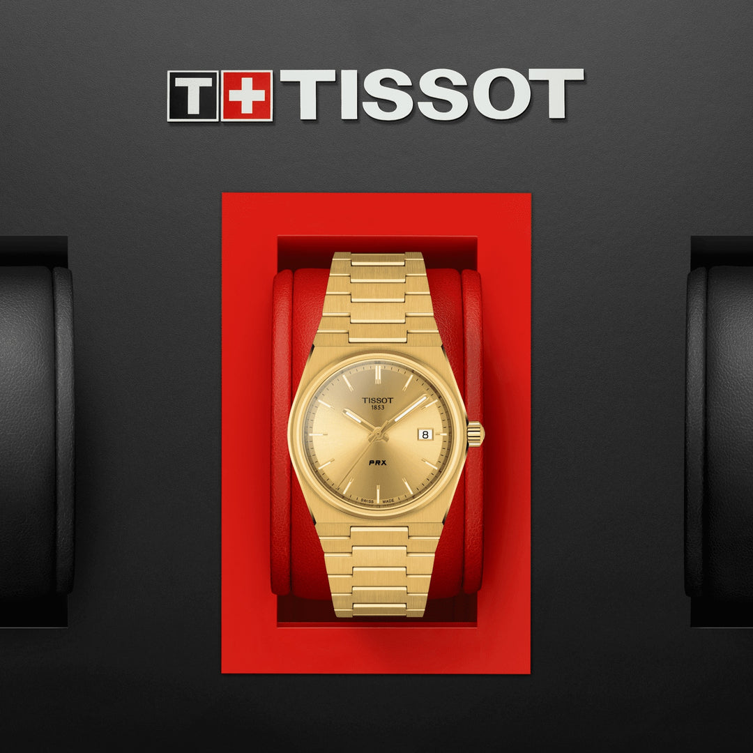 Tissot 시계 PRX 35mm 샴페인 석 영 강철 마무리 PVD 옐로우 골드 T137.210.33.021.00