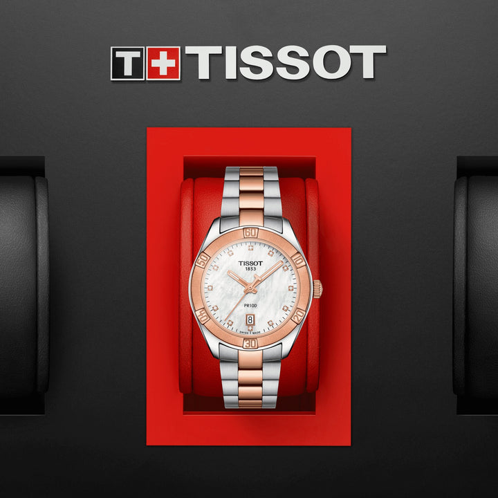 Tissot Clock PR 100 Sport Chic 36mm Motherperper Quartz Stal wykończenie PVD Gold Rose T101.910.22.116.00